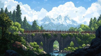 Sticker - A Group of Soldiers Standing on a Stone Bridge in Front of a Snowy Mountain Range