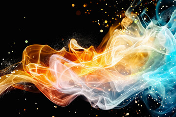 Poster - Colorful tendrils of smoke dance in striking shades of orange and blue, illuminated against a deep black background, offering a mesmerizing visual for digital wallpaper
