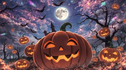 Wall Mural - spooky halloween background with bats, pumpkins and moon