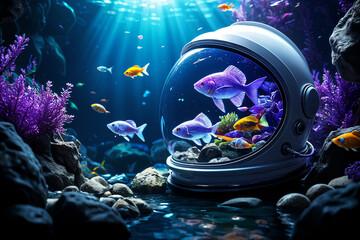 Wall Mural - A vibrant underwater scene with a space helmet containing various colorful fish, surrounded by rocks and coral, all set against the backdrop of sunlight filtering through the water.