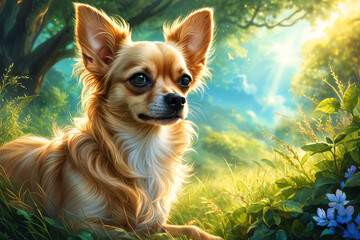 Wall Mural - A small, brown Chihuahua with long fur sitting on the grass in a forest setting.