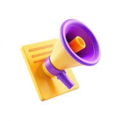Poster - A vibrant 3D megaphone illustration with a yellow base and purple accents, sitting on a flat surface. Perfect for design projects.