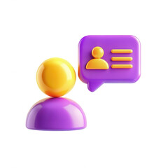 Poster - A vibrant 3D icon featuring a purple chat bubble with a yellow figure. Ideal for discussions, messages, and social interactions.