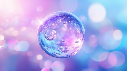Poster - Soft Colored Abstract Glass Sphere Blurred Blue Background 3D Crystal Ball Artistic Style Purple Light Blur Digitally Created Creative Art Design Concept Waterdrop Inspiration