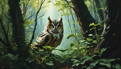 Poster - Mystical Forest Guardian with Owl Eyes Surrounded by Ancient Woodland Enchantment