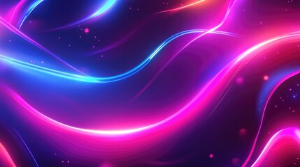 Poster - Vibrant neon lights against a dark abstract backdrop featuring blurred curved lines in a 2D cartoon style