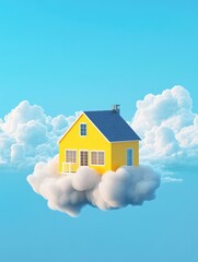 Poster - Imaginary 3D depiction of a floating yellow house amidst clouds under a bright blue sky