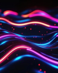 Poster - Dark space featuring glowing neon light waves in motion An abstract graphic element with a 2D cartoon neon aesthetic on a black backdrop Technology themed illustration