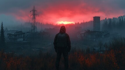 A lone figure stands in a desolate landscape at sunset.