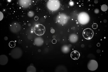 Poster - Fantasy black and white background featuring bokeh lights a dark border and a luminous center adorned with circles and bubbles