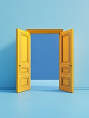Poster - Fantasy 3D illustration featuring double doors opening against a blue and yellow backdrop Architectural design aspect highlighting a modern minimalist concept and symbolizing opportunity