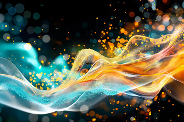 Poster - This captivating background showcases flowing waves in shades of orange and teal, accented by soft bokeh effects. The design creates a dynamic, vibrant atmosphere perfect for digital screens