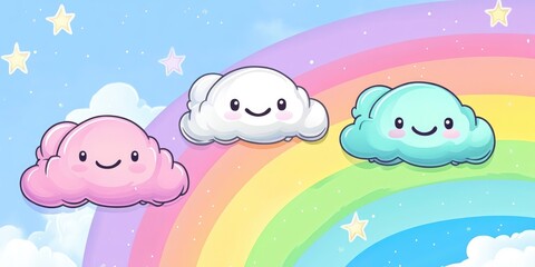 Wall Mural - Colorful cartoon clouds in a kawaii style set against a pastel rainbow graphic background