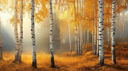 Poster - Golden autumn light filters through a forest of aspens in a tranquil setting with fog and vibrant foliage at dawn