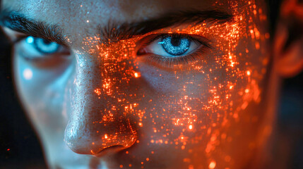Poster - A close-up of a piercing blue eye with a glowing digital overlay, representing a futuristic or technological theme
