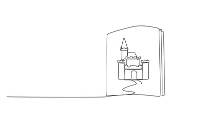 Poster - animation of single one line drawing an open book featuring a castle on page. tells history in the p