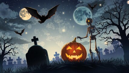 Wall Mural - spooky halloween background with bats, pumpkins and moon