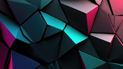 Poster - Abstract background featuring a black burgundy red purple blue green and teal color palette 3D geometric shapes with a metallic sheen and color gradient create a modern futuristic design