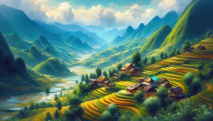 Wall Mural - impasto oil painting landscape of rice terraces of ha giang, vietnam. use for wallpaper