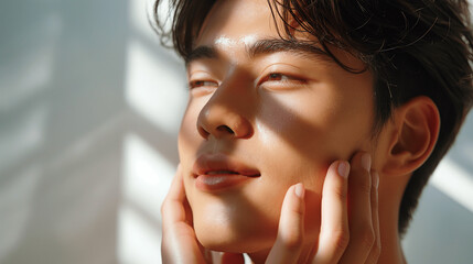 Young Asian man enjoying sunlight with peaceful expression and soft shadows