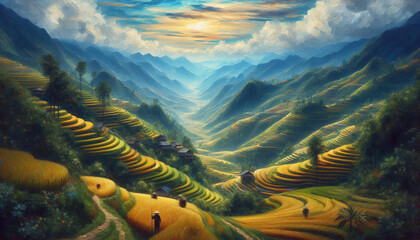 Wall Mural - impasto oil painting landscape of rice terraces of ha giang, vietnam. use for wallpaper