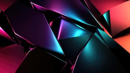 Poster - Abstract background featuring a black burgundy red purple blue green and teal color palette 3D geometric shapes with a metallic sheen and color gradient create a modern futuristic design