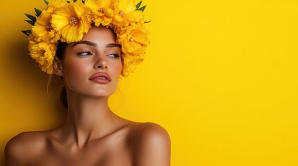 An elegant woman decorated with a crown of vibrant yellow flowers poses against a bright yellow background, casting a graceful sideward glance.