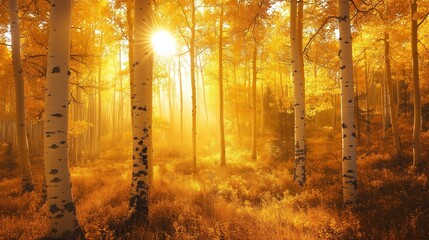 Poster - Golden sunlight filters through vibrant autumn trees in a serene forest during the late afternoon