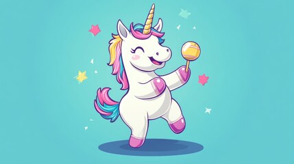 Wall Mural - Charming 2D cartoon illustration of a playful unicorn dancing while holding maracas