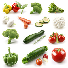 Wall Mural - Fresh Organic Vegetables and Fruits Assortment on White Background