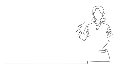 Poster - Animated self drawing of single continuous line drawing female nurse holding a small heart-shaped pillow. Sign. Symbol. A sincere expression of gratitude. Certified Nurses Day. Full length animation