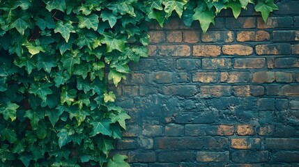 Poster - Lush green ivy cascading over a weathered brick wall in a serene outdoor garden setting during the afternoon