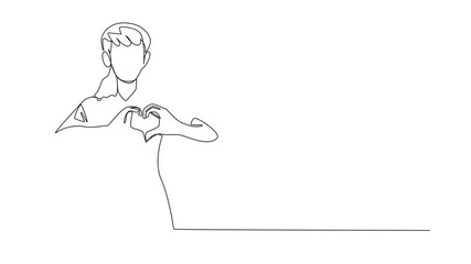 Poster - Self drawing animation of single one line drawing female nurse makes heart gesture with her hands places in front of her chest. Recognition from community. Certified Nurses Day. Full length animated
