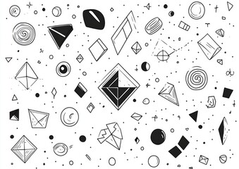 Poster - Geometric 2D cartoon line illustration featuring various shapes including triangles circles squares hexagons and pentagrams