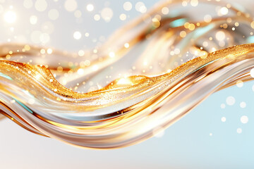 Poster - The artwork showcases a mesmerizing flow of golden waves against a soft backdrop, enhanced by shimmering bokeh lights that evoke elegance and tranquility, ideal for stylish wallpapers