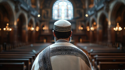 A man wearing a prayer shawl reads from a holy book in a synagogue, bathed in warm light from stained glass windows