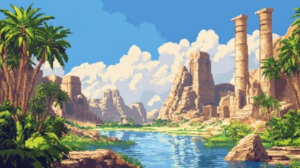 Sticker - Ancient Ruins with Palm Trees and a River in a Pixel Art Style