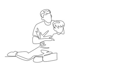 Poster - Self drawing animation of single continuous line drawing boy sitting on father's lap. Sitting relaxed on the floor reading a book. Books something interesting. Read to Me Day. Full length animated