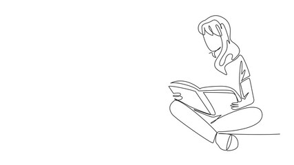 Poster - Animation of single continuous line drawing daughter sit on mother's lap. Sitting cross-legged focusing on reading book. International Read to  Me Day. Self drawing animated. Full length motion