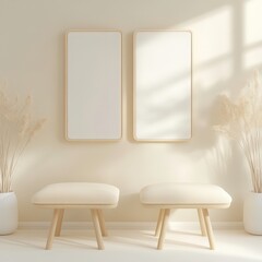 Two white ottoman chairs in a room with a white wall,mockup design