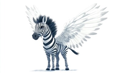 Wall Mural - Whimsical illustration of an adorable winged zebra set against a clean white backdrop