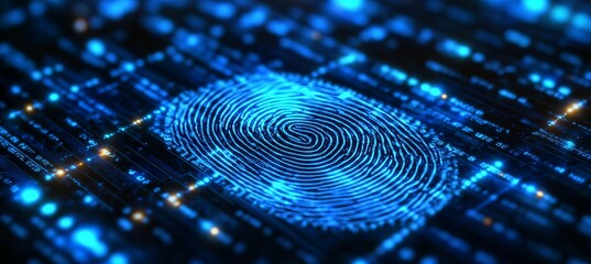 Poster - Digital blue finger print. Internet security biometric human identification. Generative AI technology.	
