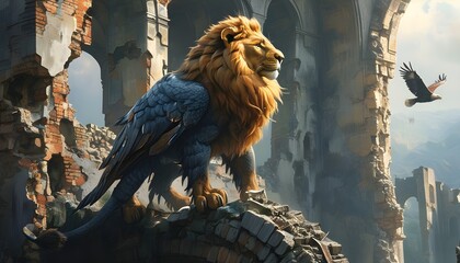 Wall Mural - mythical creature of lion and eagle perched on ancient ruins, embodying power and grace in a captivating fusion of nature and history