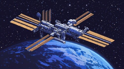 Poster - Pixelated Space Station Orbiting Earth with Stars