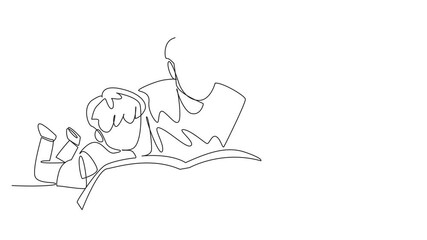 Poster - Animation of single one line drawing boy and his father lying on floor reading a book. Reading books about technology. International Read to Me Day. Self drawing animated. Full length motion
