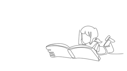 Poster - Self drawing animation of single continuous line drawing girl and her mother lying on the floor reading a book. Invite with action. Likes to read. International Read to Me Day. Full length animated