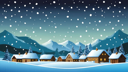 Wall Mural - Cartoon snow falling on a quiet village with mountains and night sky background