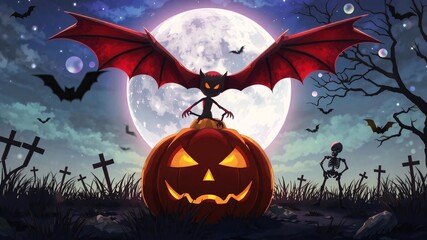 Wall Mural - spooky halloween background with bats, pumpkins and moon