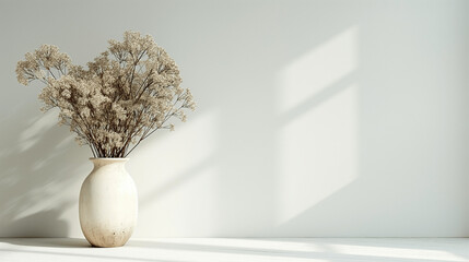 Wall Mural - Minimalist dried flower arrangement in a white ceramic vase with soft sunlight and shadow on the wall