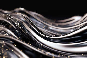 Poster - Shimmering particles cascade over smooth, flowing metallic waves, enhancing the visual depth against a dark backdrop, perfect for digital wallpaper or design elements